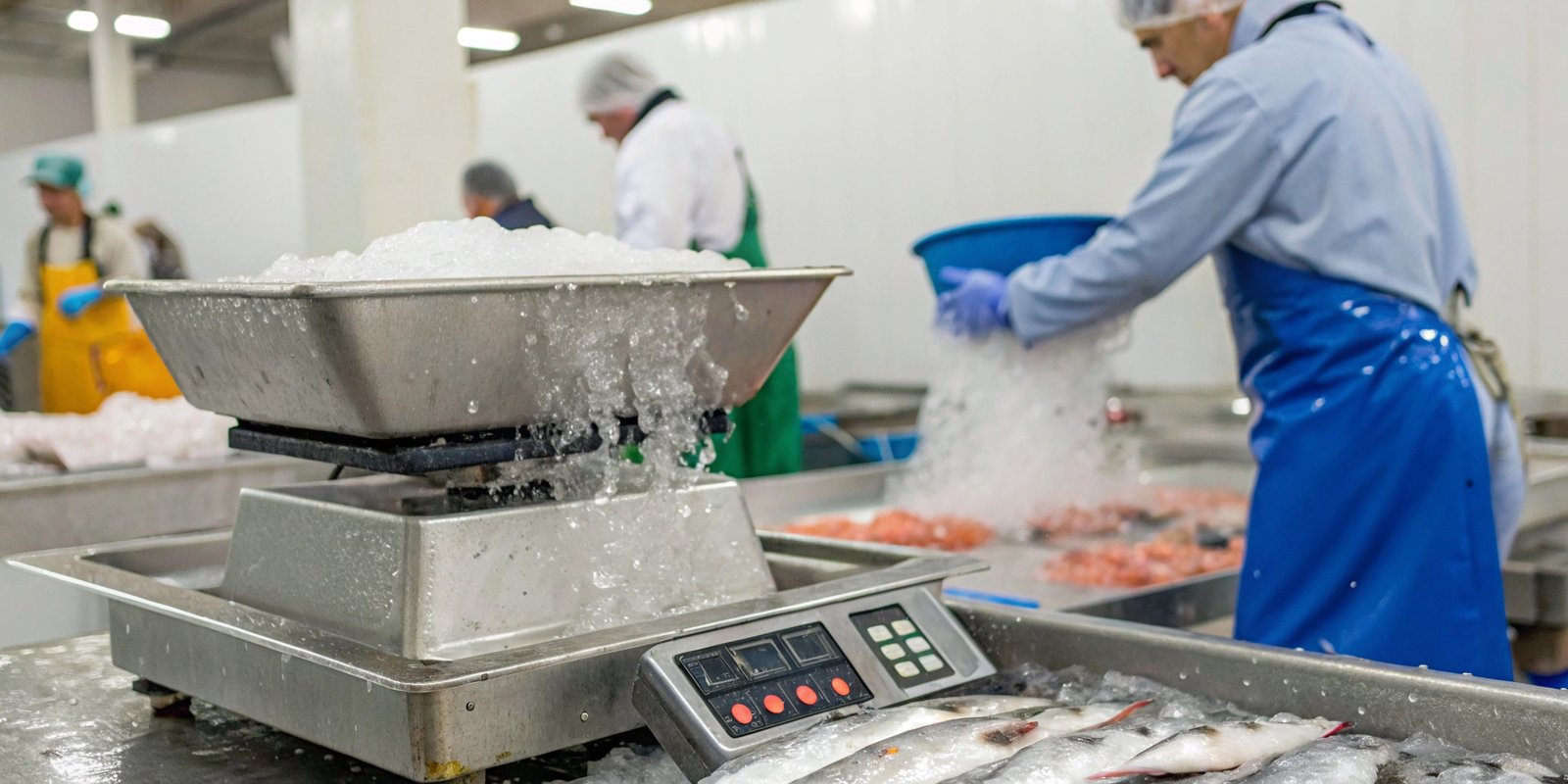 IP68 Waterproof Scale for Seafood A durable, stainless steel IP68 waterproof scale being used in a wet seafood processing environment.