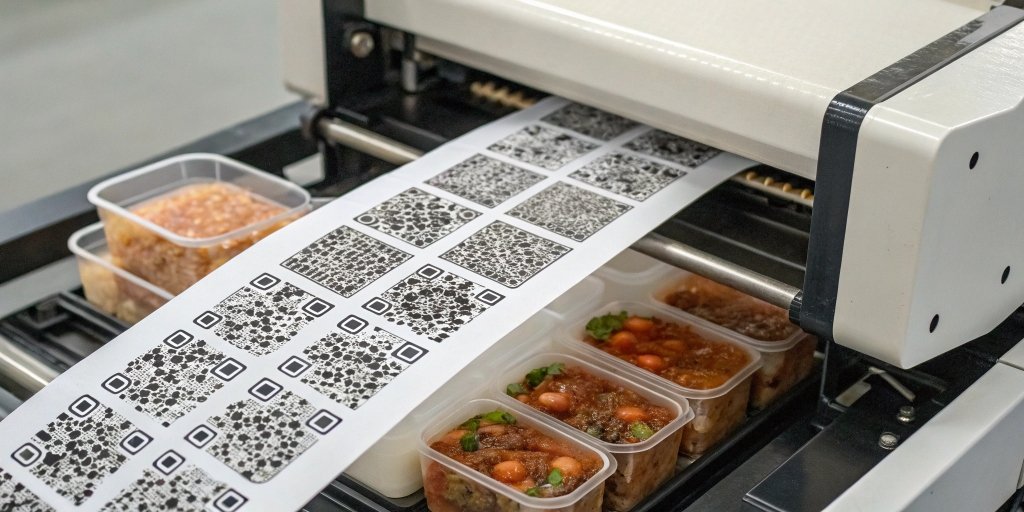 Custom Traceability QR Code Label A custom QR code label being printed for a food package