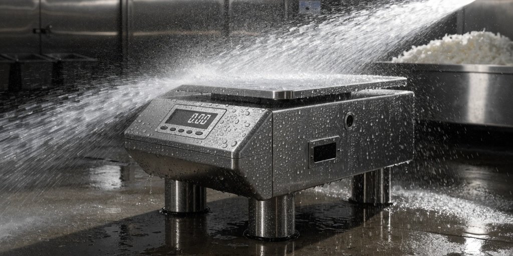 An IP68 waterproof stainless steel scale being sprayed with water in a food processing setting