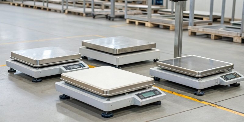 Waterproof Industrial Scales Selection A collection of waterproof table scales, mini platform scales, and large platform scales in a clean factory setting.