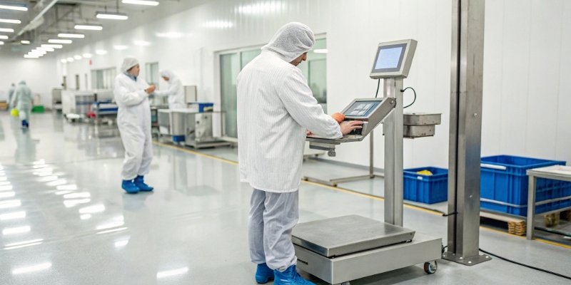 Smart PC Scale for Food Factory Payroll A smart PC scale with a card reader being used in a clean food factory environment