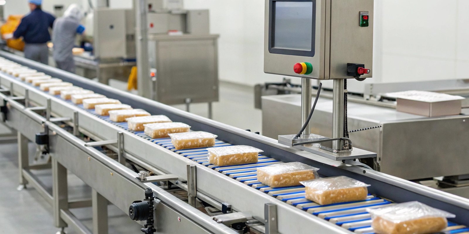 Online Checkweigher in Action A checkweigher system installed on a food packaging conveyor belt