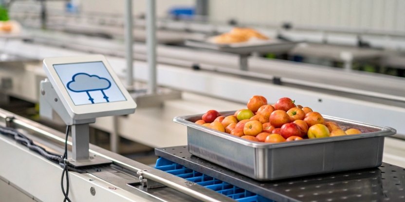 Smart PC Scale with Offline Caching A smart PC scale on a food production line, with a cloud icon showing data transfer.