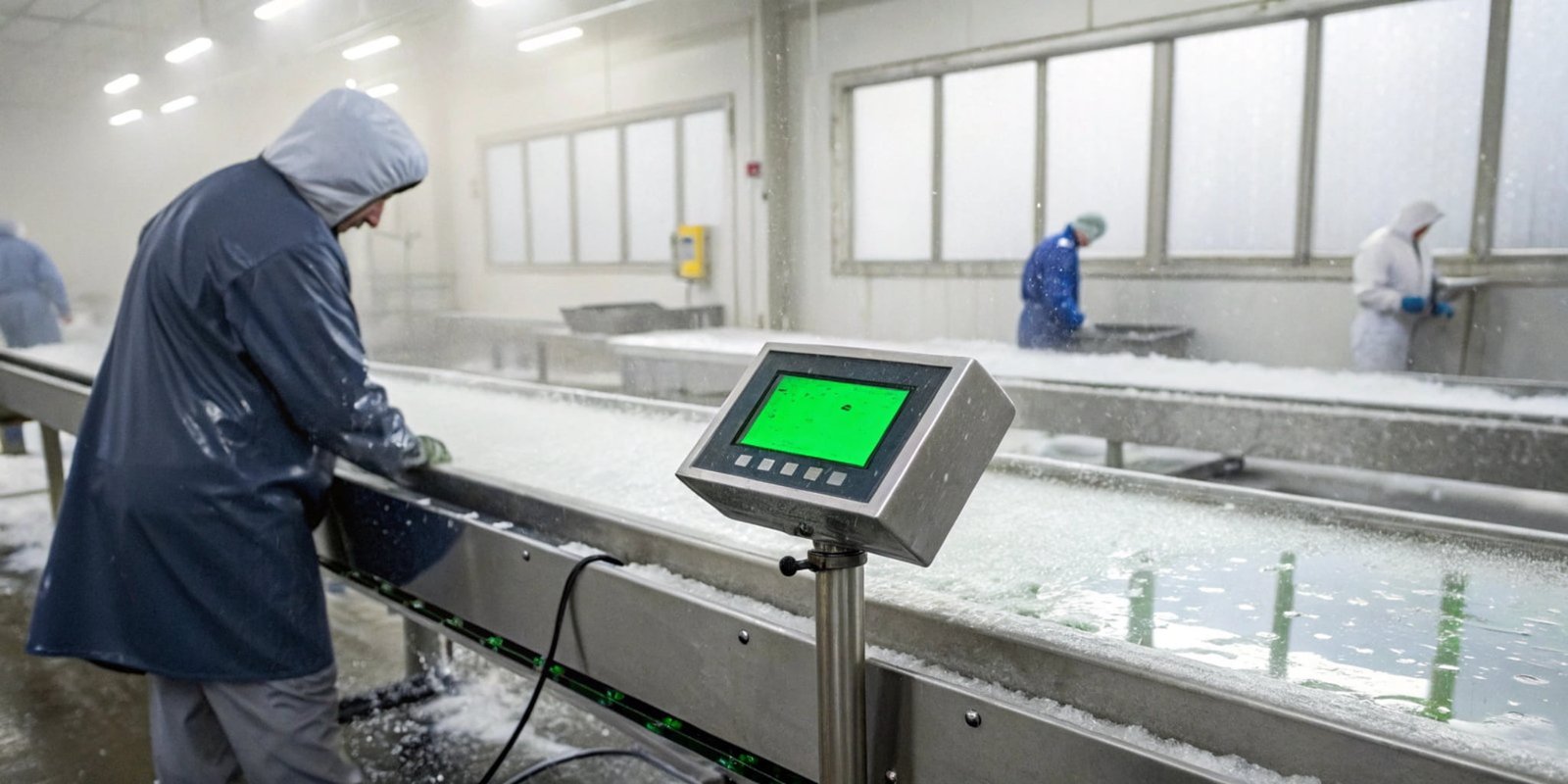 A waterproof industrial scale with a bright green LED display being used in a cold, wet food processing facility.
