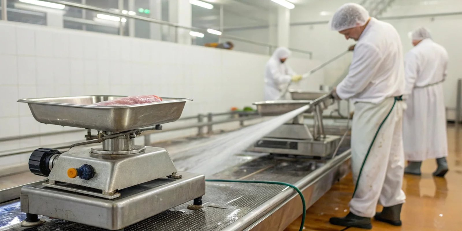 Hygienic Washdown Scale for Meat Processing A stainless steel industrial washdown scale being cleaned in a meat processing facility.