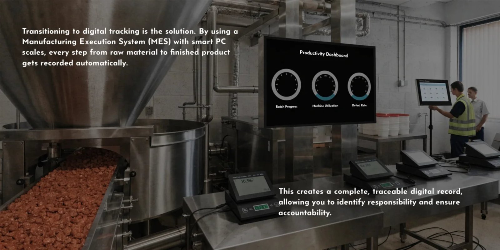 A modern food processing facility with digital dashboards and smart scales in use