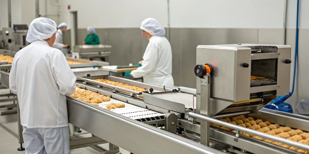 Metal Detector and Checkweigher on Production Line A metal detector and checkweigher integrated into a food production line