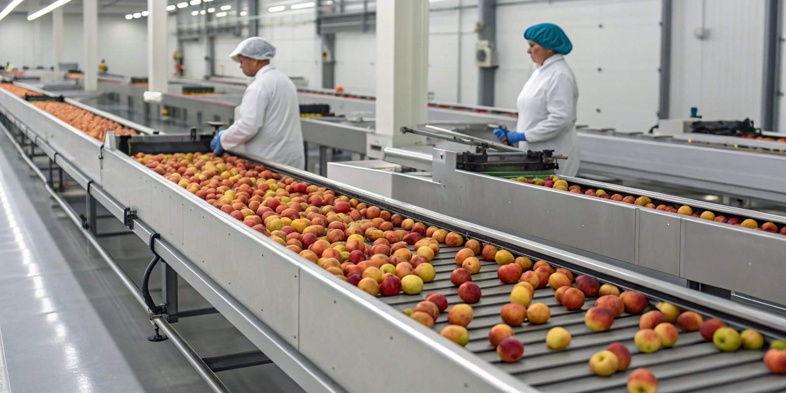 Automated Grading Scale for Industrial Sorting A modern automated grading scale in a clean factory setting, efficiently sorting fruit.