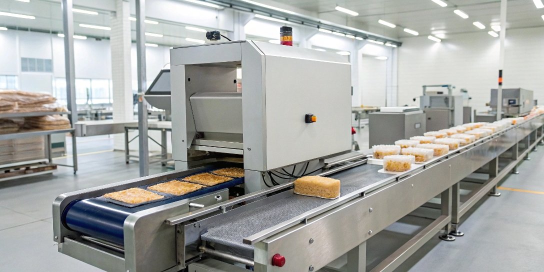 A metal detector machine scanning food products on a conveyor belt in a modern factory setting.