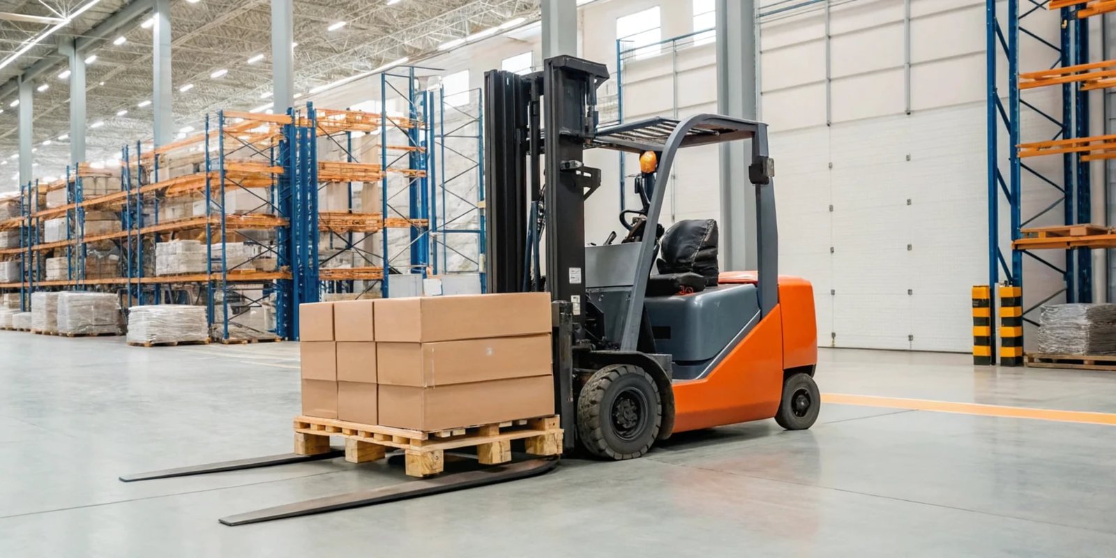 Forklift Scale in Action A modern forklift with an integrated digital scale weighing a pallet in a warehouse.