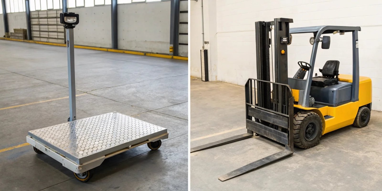 Platform Scale vs. Forklift Scale Side-by-side comparison of a stationary platform scale and a forklift with a built-in scale.