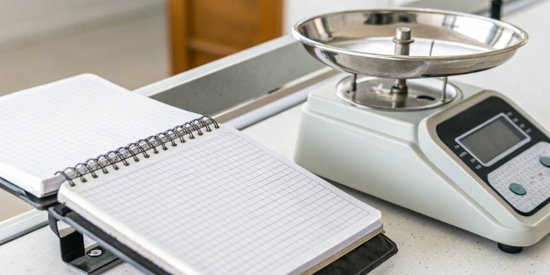 A side-by-side comparison of a regular scale with a notepad and a printing scale with a label.