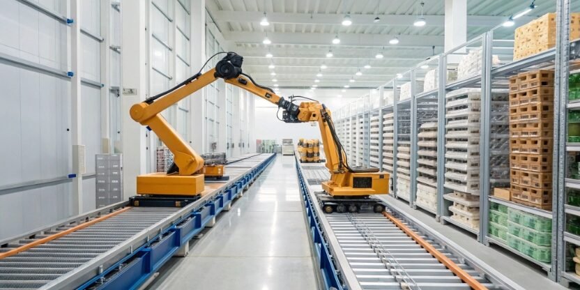 Automation in Food Warehouse An automated warehouse system with robotic arms and conveyor belts moving food products.