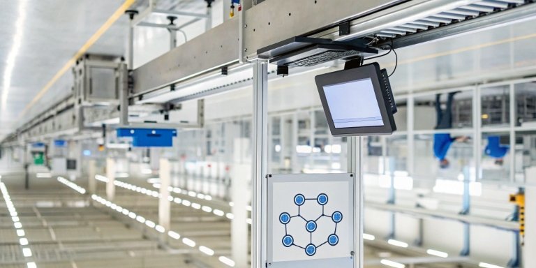 Automated Data Capture with Smart Scales A smart PC scale on a production line connected to a central server icon.