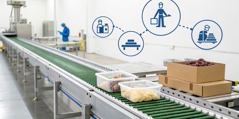 Food Factory Workflow An infographic showing a food production workflow from receiving to shipping, with different scale icons at each stage.
