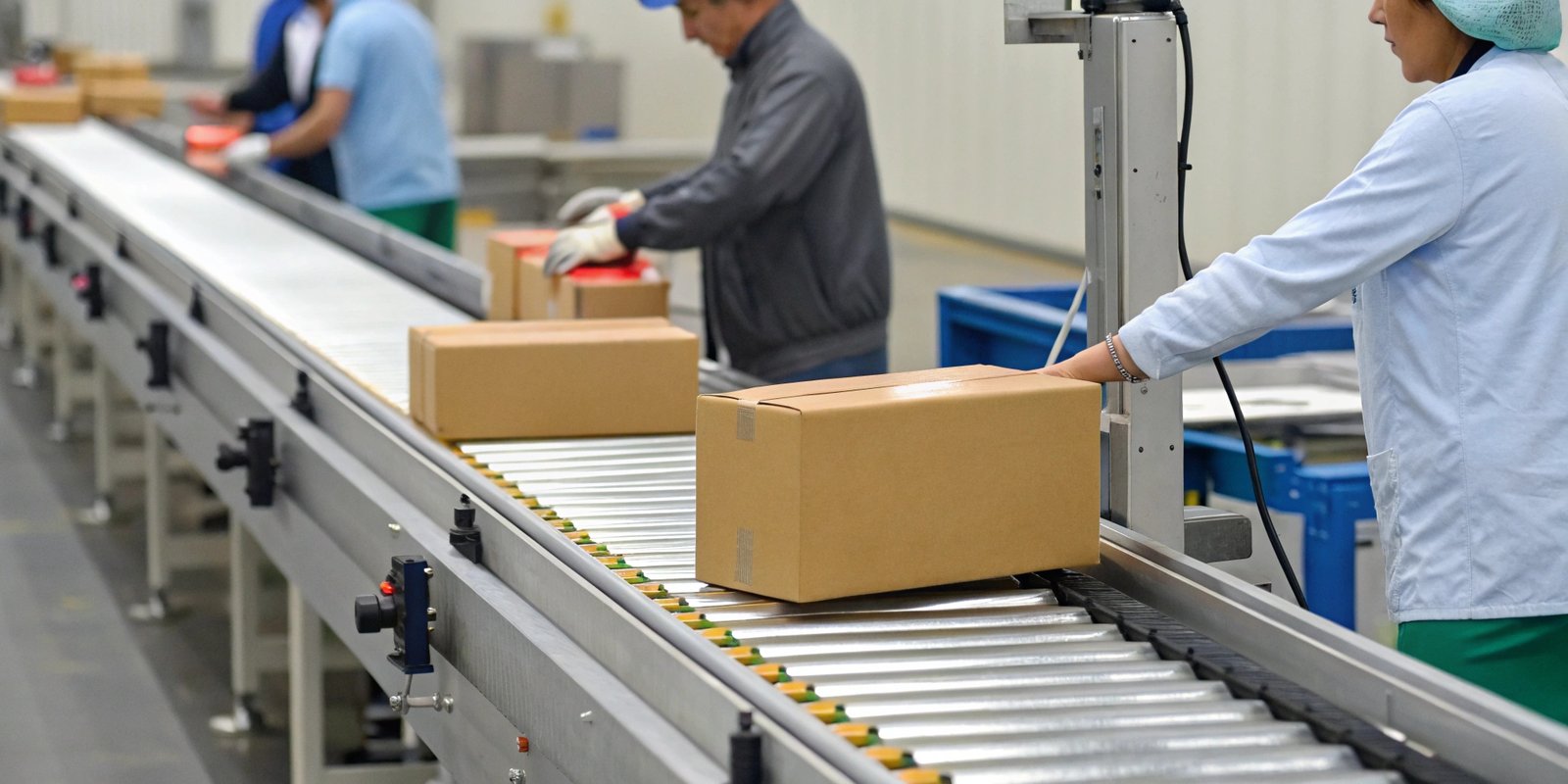 Automated Quality Control An automated rejection arm pushes an incorrectly weighted package off the production line