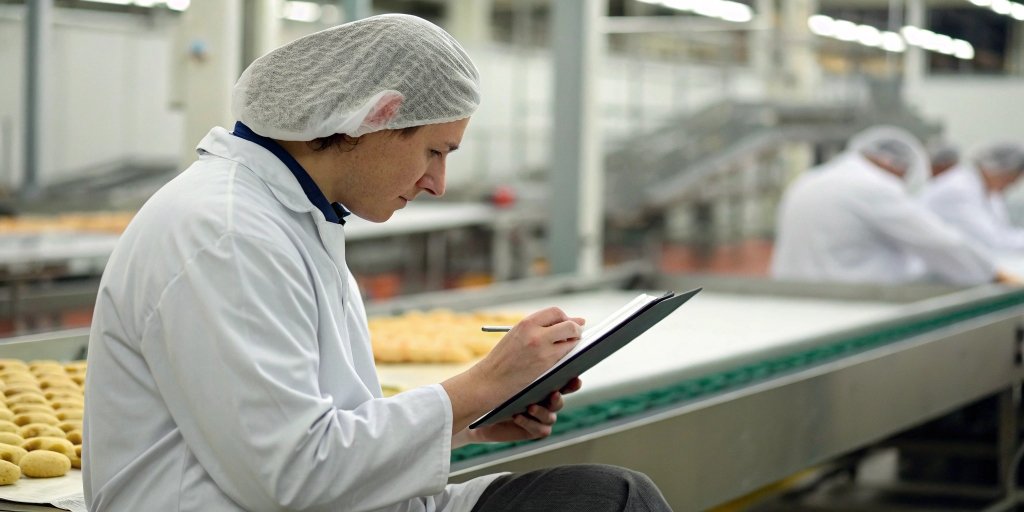 Food Safety Audit in Progress A food safety auditor reviewing documentation on a tablet with a production line in the background