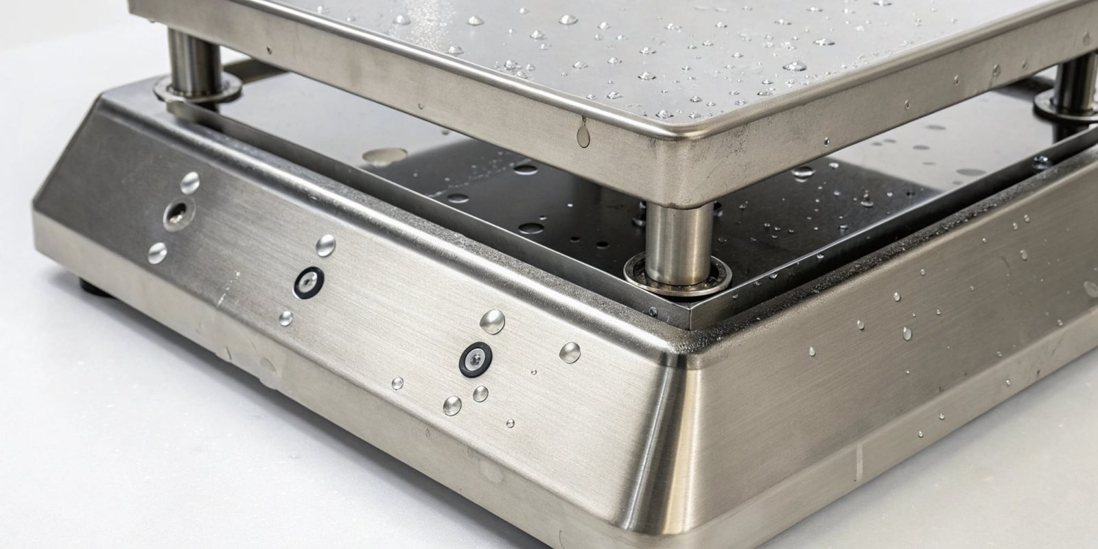 A close-up shot of the IP68 rating and stainless steel construction of an industrial scale.
