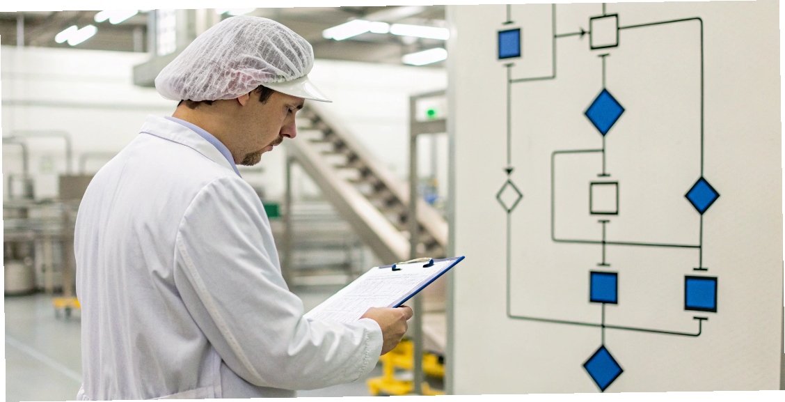 A flowchart showing the HACCP process with a special highlight on the Critical Control Point for metal detection.