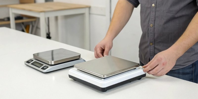 Choosing the Right Waterproof Scale A person comparing a small table scale and a slightly larger mini platform scale side-by-side.