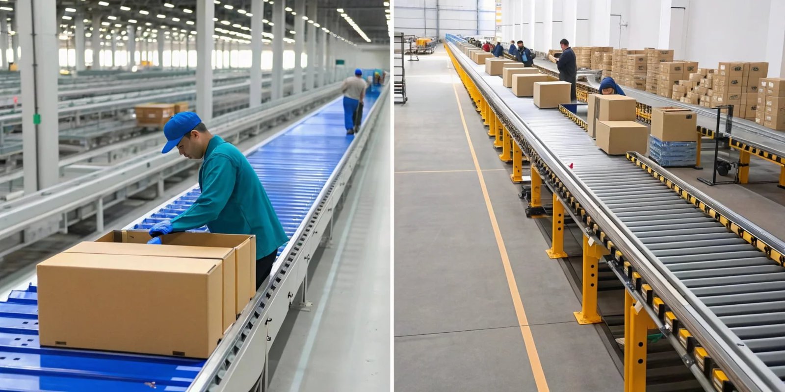Speed Comparison of Grading Scale and Manual Sorting Side-by-side comparison of a fast automated conveyor and manual sorting line.