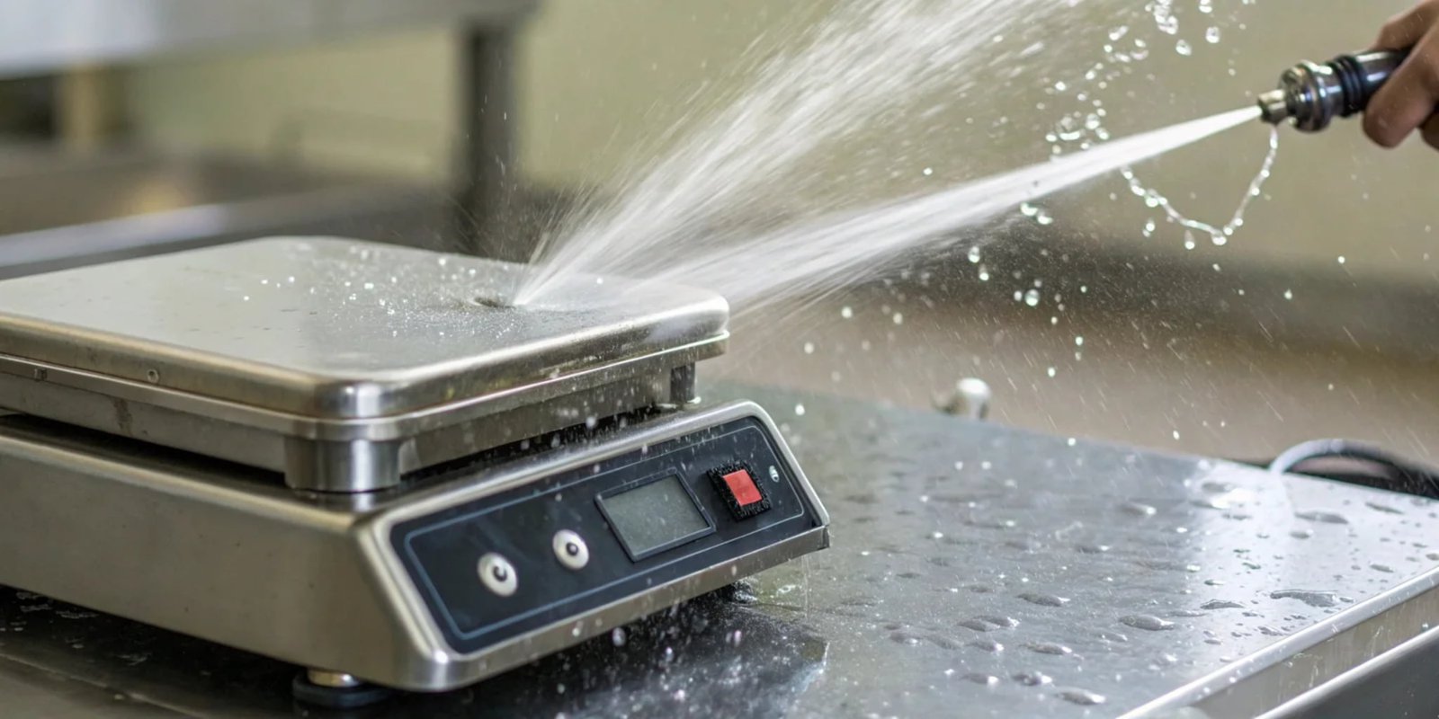 IP69K High-Pressure Water Protection A close-up of water spraying on the sealed indicator of an IP69K rated scale.