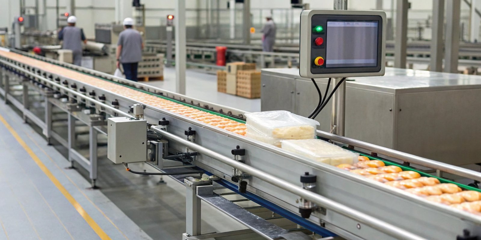 Real-Time Weight Detection An in-motion checkweigher with a digital display showing product weights in real-time.