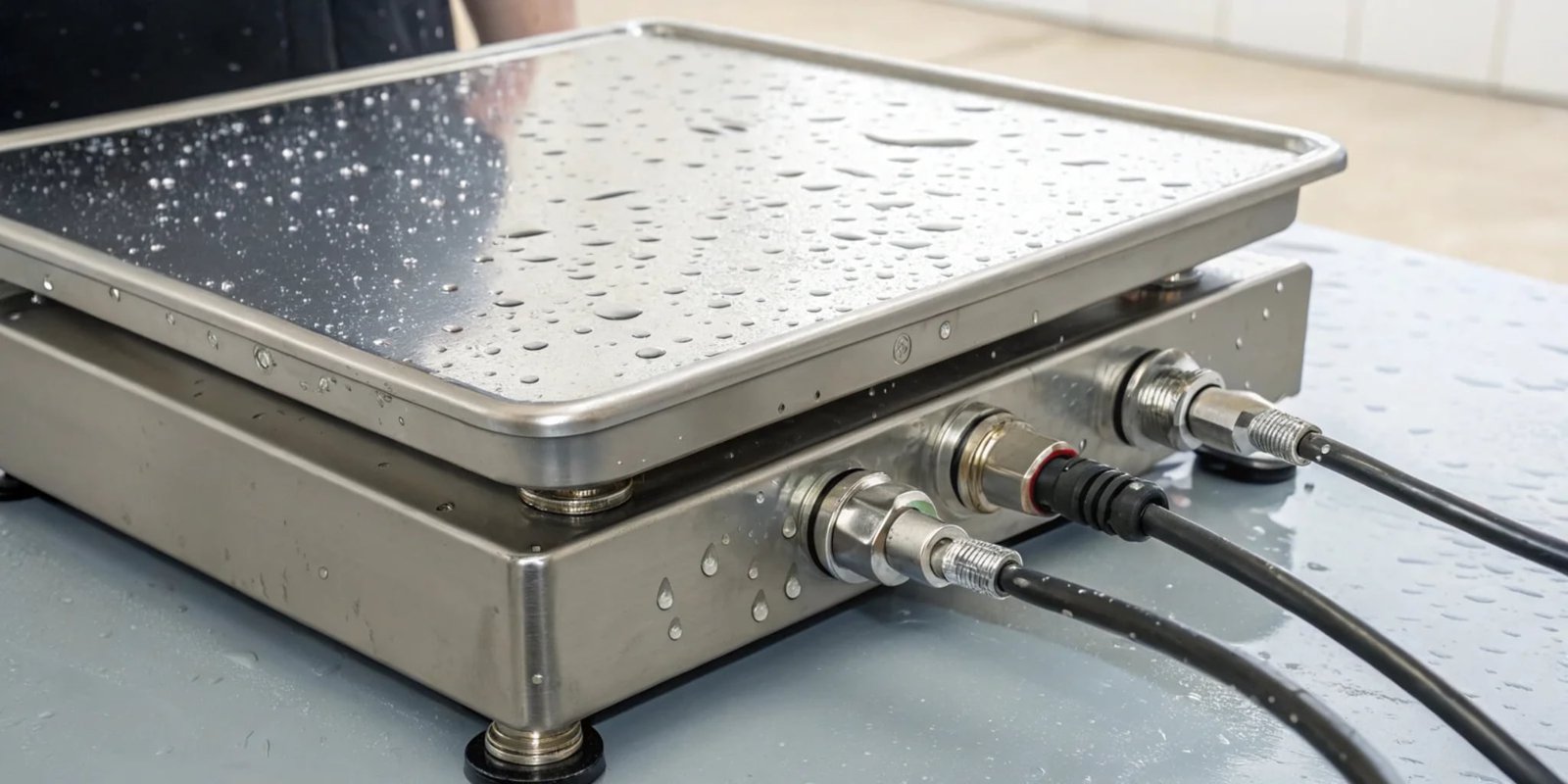 Salt Fog Resistant Scale Design A close-up shot showing the sealed stainless steel casing and waterproof connectors of a washdown scale.