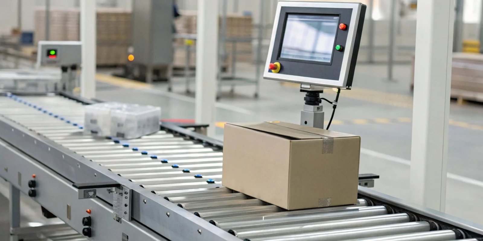 Precision Weighing with an Industrial Checkweigher An industrial checkweigher displaying a precise weight measurement on its screen.
