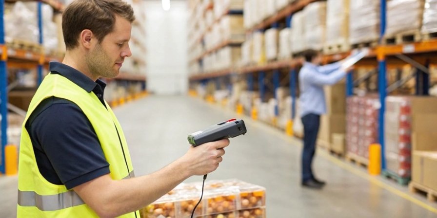 Tracking Diverse Food SKUs A warehouse employee scanning a barcode on a small food package while another pallet with an RFID tag is in the background.