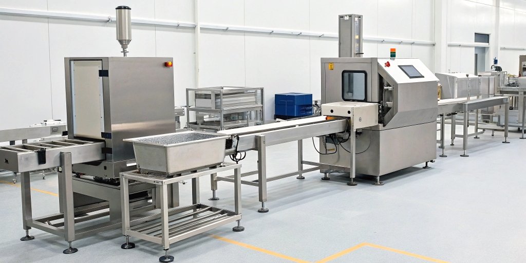 Food Processing Equipment An array of different food processing equipment in a clean factory setting