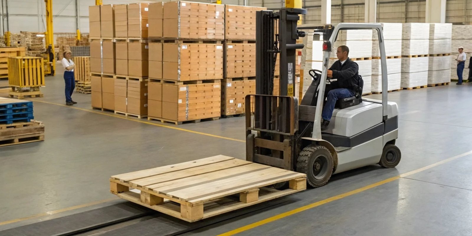 Choosing the Right Scale for the Job A forklift scale being used in a busy shipping area, while a platform scale is visible in a different part of the warehouse.