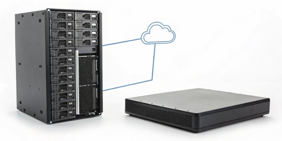 Reliable Data Solutions A diagram showing a smart scale, a local server, and a cloud, illustrating a hybrid data management approach.