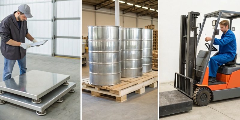 Scale Roles in Food Production A collage showing a close-up of a stainless steel table scale, a worker using a platform scale, and a forklift with an integrated scale lifting a pallet.