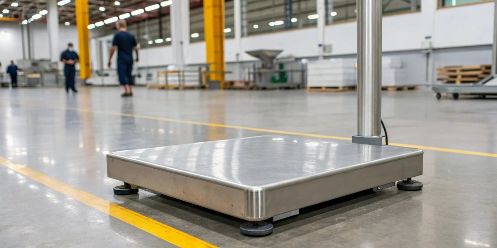 Washdown Bench Scale for Corrosive Environments A stainless steel washdown bench scale on a factory floor, demonstrating its easy-to-clean and durable design.