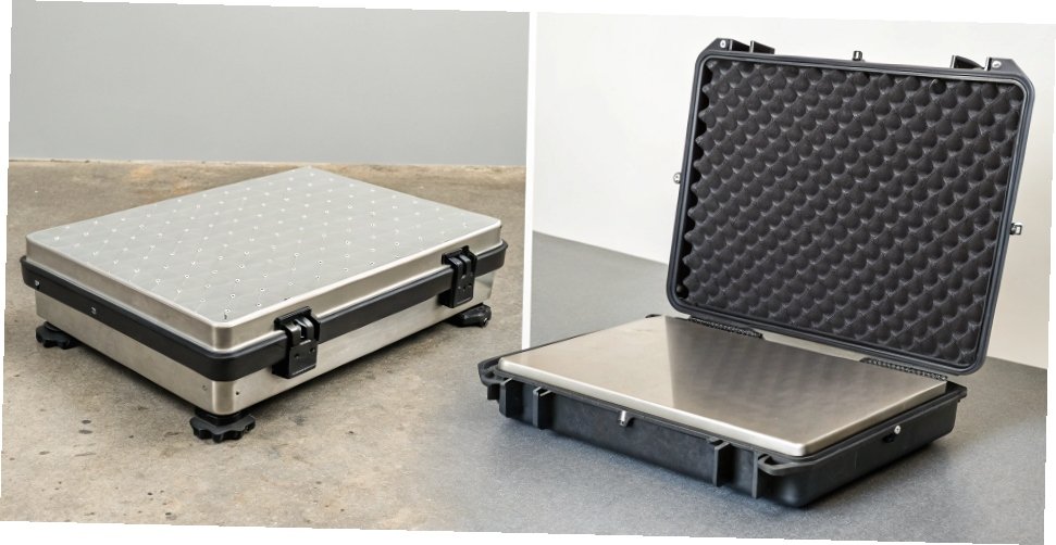 Explosion-Proof vs. Intrinsically Safe Design An image comparing a heavy, enclosed explosion-proof scale and a lighter intrinsically safe scale.