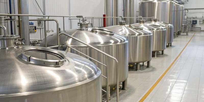 An array of shiny stainless steel equipment, including tanks and scales, in a clean food processing facility.