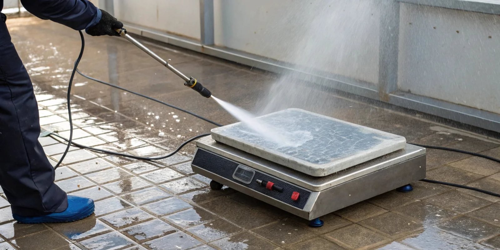IP69K waterproof scale A waterproof bench scale being cleaned with a high-pressure water jet