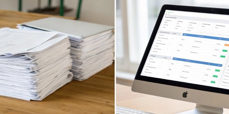 Manual vs. Automated Payroll Systems A side-by-side comparison image: one side showing messy paper logs, the other showing a clean digital dashboard