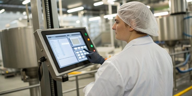 MES and Smart Scale Integration A food factory worker using a touchscreen smart scale that displays live production data.