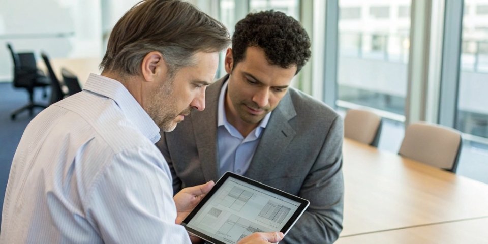 Collaborating with a Label Supplier A purchasing manager and a supplier discussing label specifications over a tablet