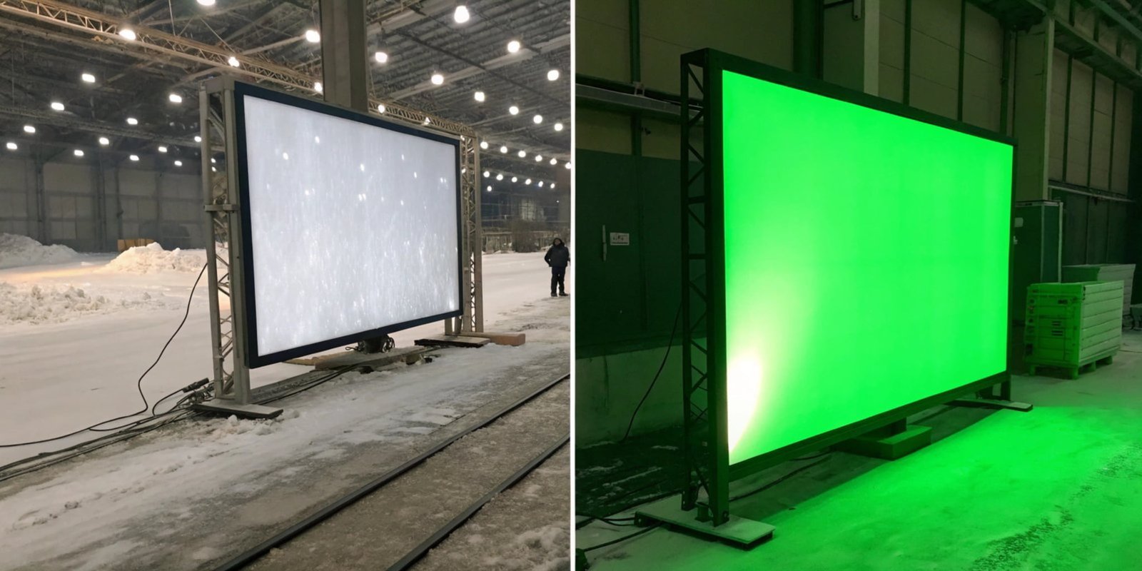 A comparison of a dim LCD screen next to a bright, clear green LED display in a cold environment.