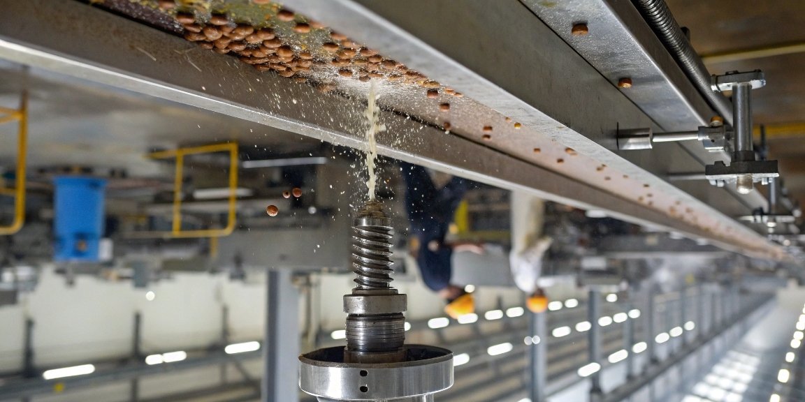An animation showing potential sources of metal contamination in a food processing line, like a bolt falling from a machine.