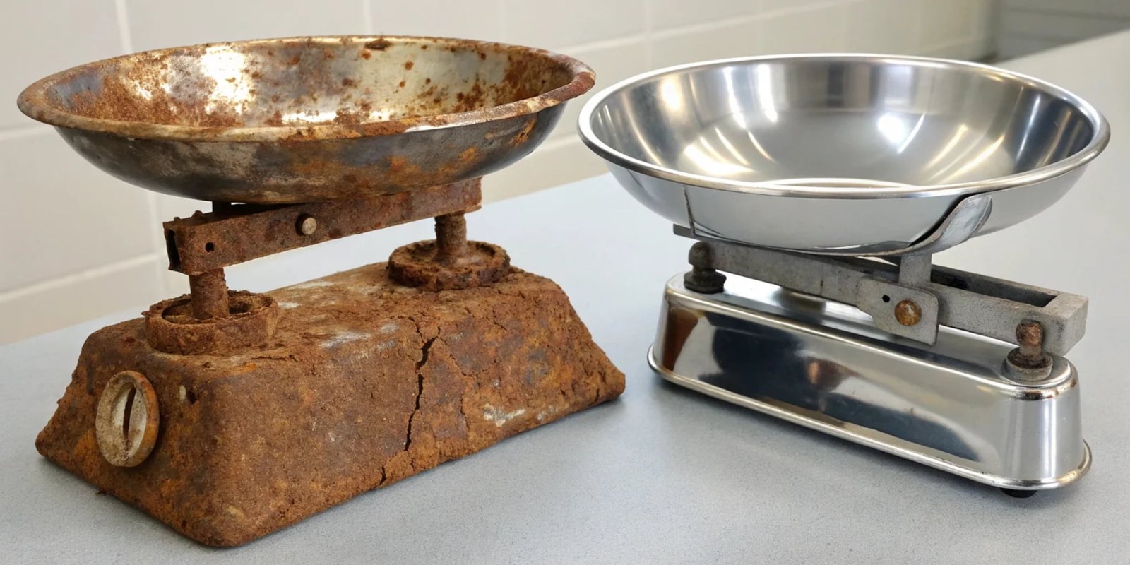 Old Rusted Scale vs. New Washdown Scale A broken, rusted scale next to a new, shiny stainless steel washdown scale.
