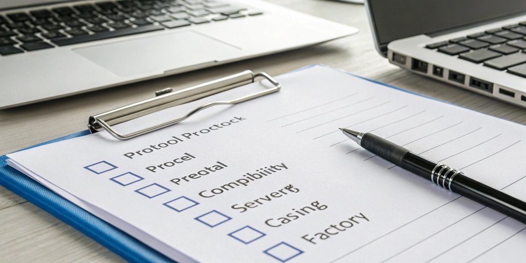 A checklist showing protocol compatibility verification between a new weighing device and an existing factory system
