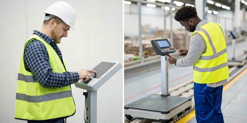 Efficiency of Smart PC Scales A side-by-side comparison of a worker using a regular scale and another using a smart PC scale, highlighting the speed difference.