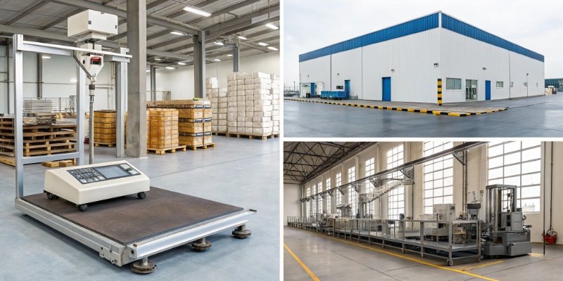 Matching Waterproof Scales to Industry Needs Four different industrial settings: a food processing line, a shipping station, a chemical lab, and a warehouse receiving dock, each with the appropriate scale.