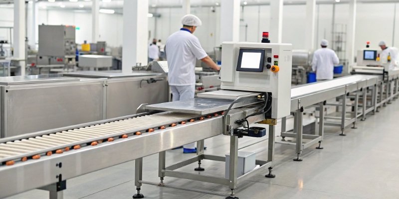 Quality Control Production Line A diagram showing a quality control production line with a metal detector and a checkweigher