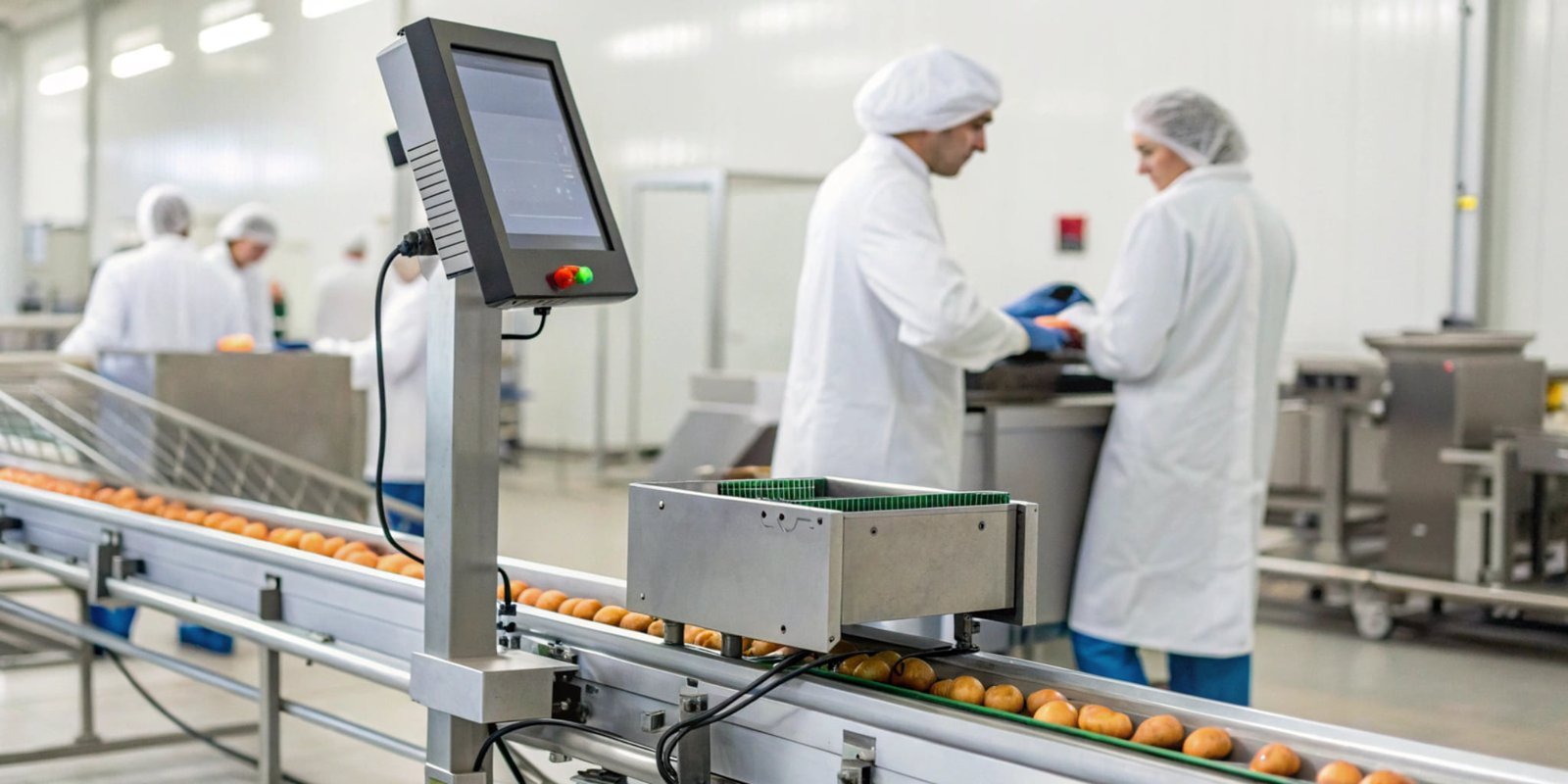 An industrial scale connected to a computer system, showing data being transferred automatically in a modern food factory.