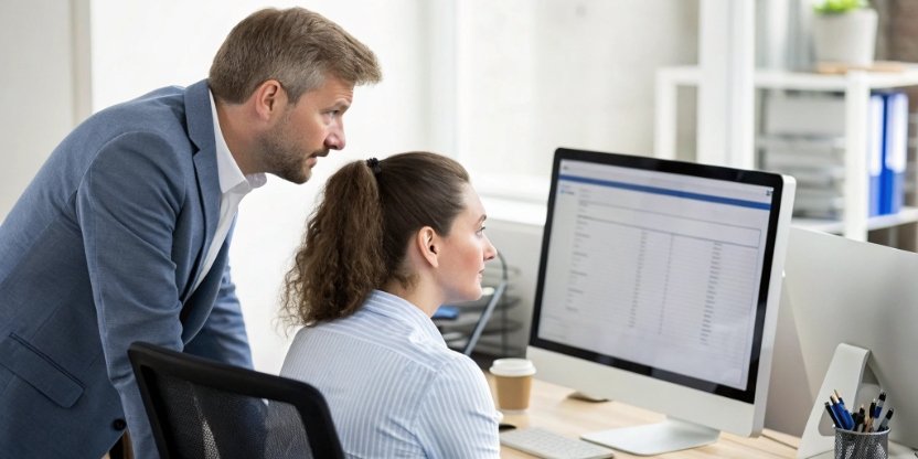 Resolving a Payroll Question with Data A manager and an employee looking together at a computer screen that shows a clear, easy-to-read report